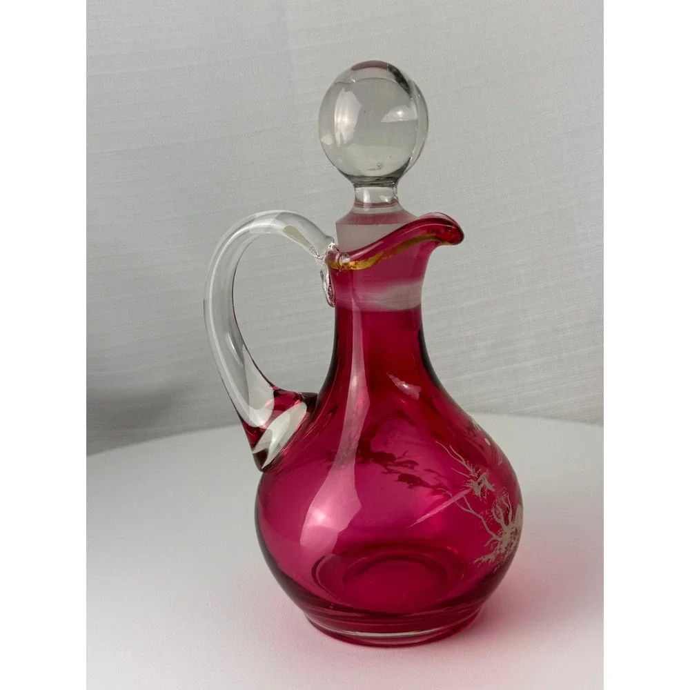 Vintage Mary Gregory Style Cranberry Glass Decanter Pink Enamel Girl 7.5in Good